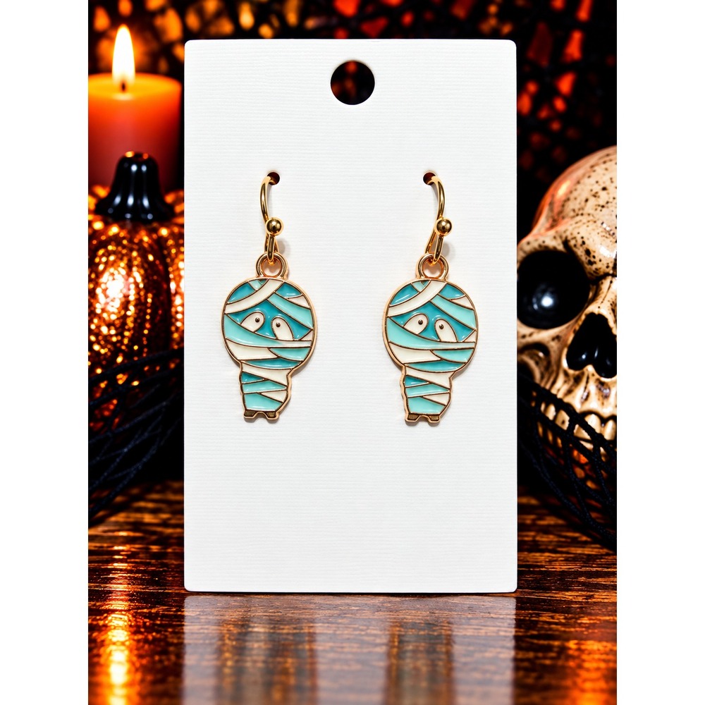Turquoise Mummy Earrings Gold Tone Halloween Enamel Dangle Earrings Cute